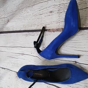 LE CHATEAU Blue Suede Stiletto Heels 9 Jewel Strap